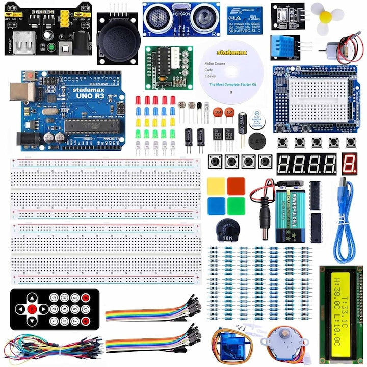Kit de programare Arduino UNO R3  compatibil Arduino IDE  peste 165 componente  senzori  motor pas cu pas  servo SG90  display LCD  telecomanda  OUYLAF  Multicolor