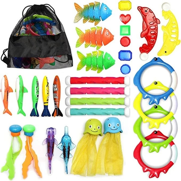 Set 30 jucarii de scufundare  Geanta de Depozitare inclusa  cu 4 Bete de Scufundare  4 Inele  6 Comori de Pirati  3 Torpile  9 Pesti  2 Caracatite  interactive  piscina  baie  pentru copii  Plastic  Multicolor