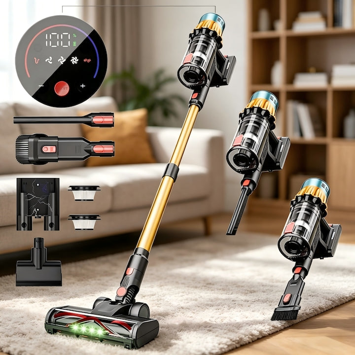 Wacorresi Cordless Stick Vacuum Cleaner, 650W Brushless, 17600mAh Li-ion 22V Battery, up to 50 min runtime, upright or handheld vacuum, Extendable Tube, Gold