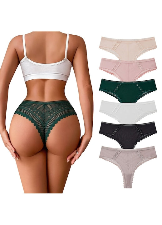 GZUO - Set de 6 chiloti de dama  tanga din dantela si plasa  confortabili si aerisiti  din bumbac  talja joasa  netezi  cu elasticitate ridicata  tanga sexy fara cusaturi  Multicolor 12 rate cu 0% dobândă