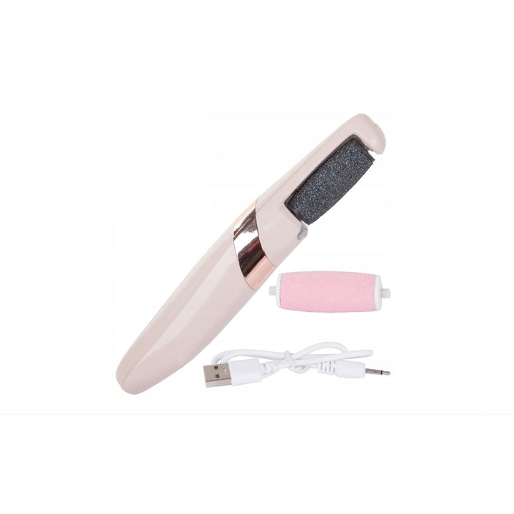 Pila electrica pentru calcaie  cap rotativ 360 grade  2 role abraziva/neteda  19x3.5 cm  roz