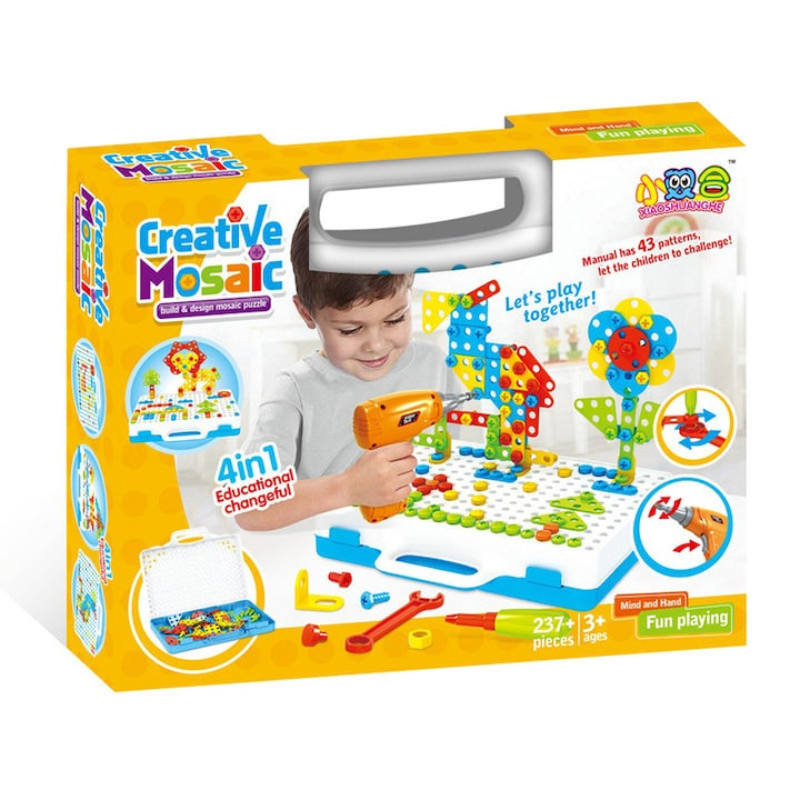Set de constructie puzzle cu 237 piese  bormasina electrica  jucarie educativa STEM  carcasa portabila