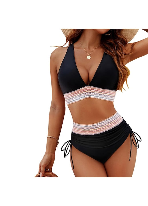 SINBINTA - Set costum de baie dama  Cu snururi laterale  Decolteu in V  Talie lata  Bretele reglabile  Sutien cu push-up  Pentru vacante la plaja  petreceri la piscina si activitati de sporturi acvatice  Poliester  Negru