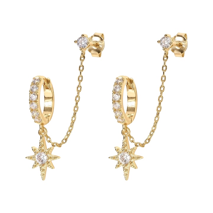 OEM - Women's 14K Gold Chain Earrings, Double Piercing Design, Cubic Zirconia Drops, Gold