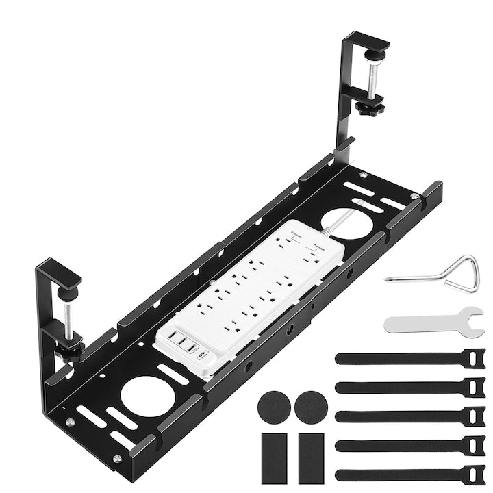 Under Desk Cable Organizer Power Cable Tray, Sturdy Metal, Suitable for Most Desks, Clamp-on, No Drilling, Retractable, Expandable Size 12-21 inches, WALALLA, Glossy Black
