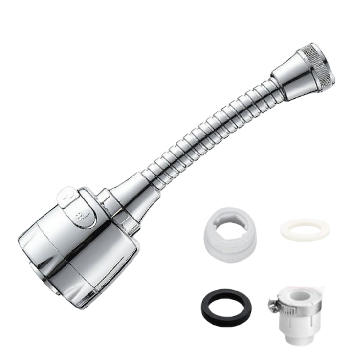 Prelungitor universal flexibil 360°  universala  cu adaptor  16 cm  Otel Inoxidabil  Doua moduri de functionare  economizor Apa Integrat  Pentru robinete  dusuri  Argintiu