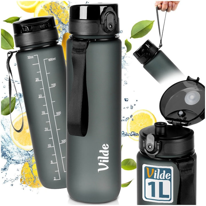 Sticla Pentru Apa  Vilde  Sport  1 L  Negru  Plastic Fara Bpa  Bidon Reutilizabil Cu Marcaj Volum Si Timp  Capac Etans Cu Garnitura Si Mustiuc Confortabil  Maner De Transport Practic  Ideal Pentru Hidratare La Sala Fitness Scoala Birou Calatorie