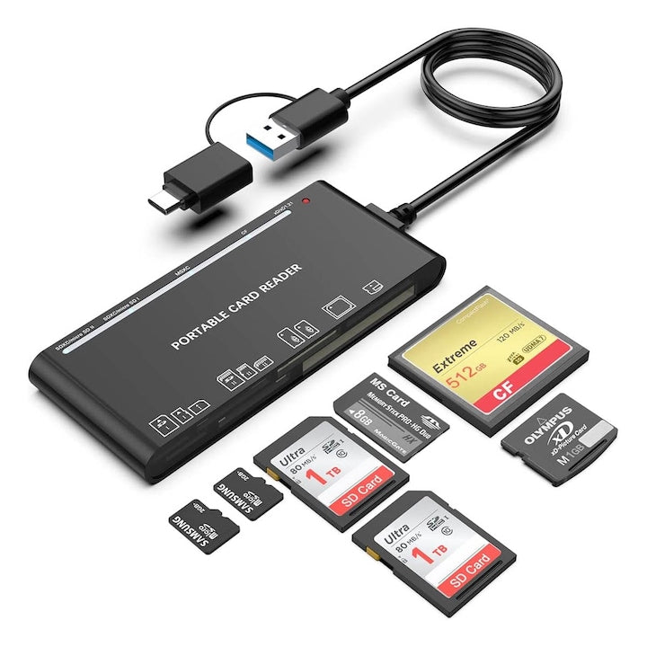 Cititor De Card Cu Adaptor 7 In 1  1*CF slot  2*SD  1*TF  1*Micro SD  1*XD  1*MS  Compatibil Cu Apple/Samsung/Huawei/PC  USB 3.0/Type-C  OUYLAF  Negru