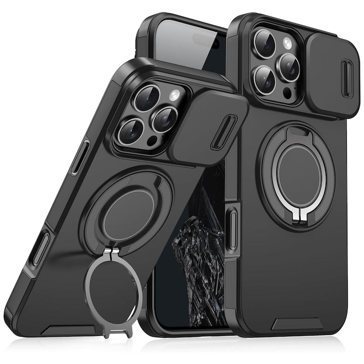 iPhone 16 Pro Max Case with Metal Ring Holder 360°, MagSafe Compatible, Camera Cover, Car Mount, Military-Grade Shockproof Protection, Black