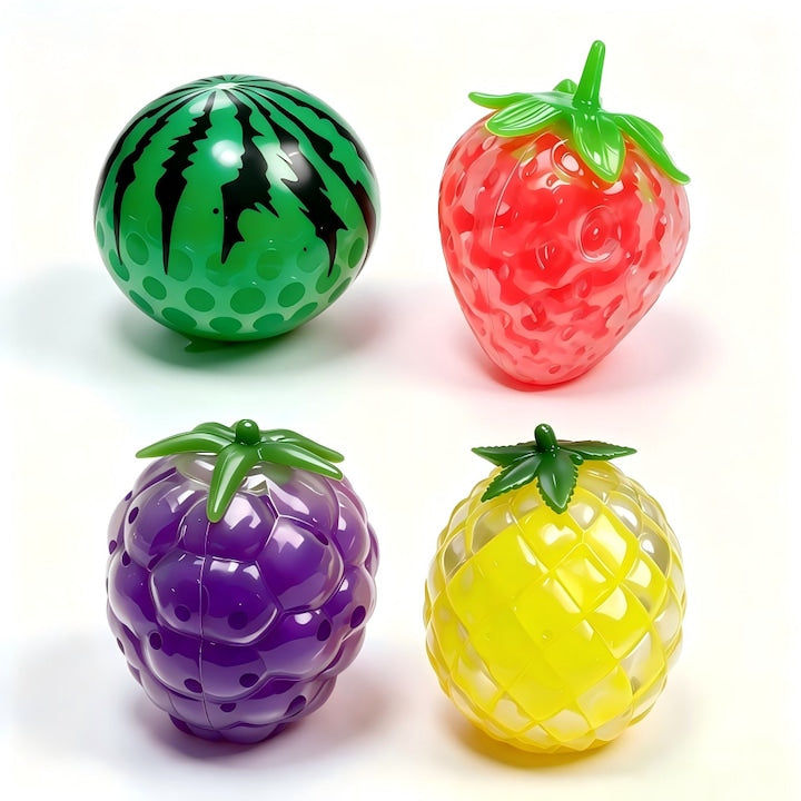 Set 4 Jucarii Antistres Squishy  Fructe - Pepene  Capsuna  Strugure si Ananas cu Marbele Satisfacatoare  Jucarie Senzoriala Relaxanta pentru Copii