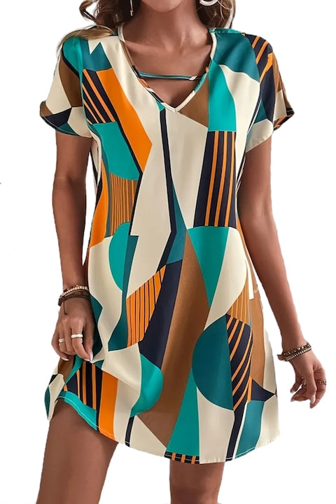import - Short summer dress, geometric print, short sleeves, A-line cut, lightweight fabric, 12 installments with 0% interest