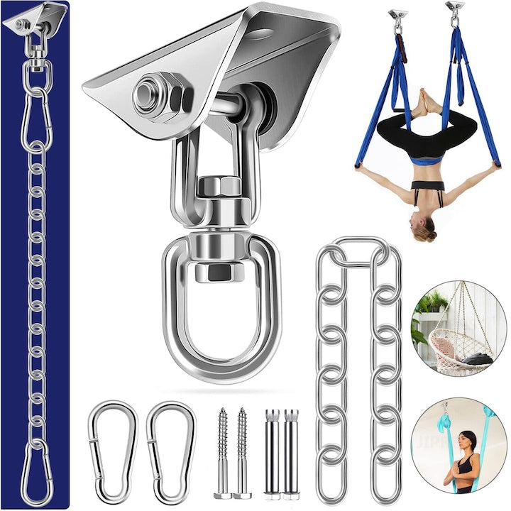 Carlig De Tavan Rotativ La 360°  Capacitate 450 kg  Carlig De Suspendare Din Otel Inoxidabil Premium  Cu Lant  Doua Carabine Pentru Scaun Suspendat  Beton  Lemn  Loc De Joaca  Veranda  Trapez  Yoga