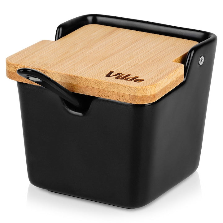 Cana De Zahar Cu Lingurita  Vilde  Ceramica  Negru  Capacitate 250 ml  Dimensiuni 9.5x9.5x9 cm  Capac Detasabil  Set 2 Bucati