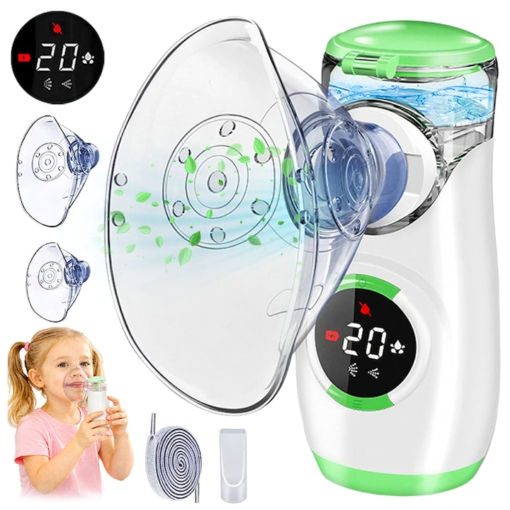 Aparat Aerosoli Gemevo® Nebulizator Portabil Ultrasonic  Ultra silentios  Display digital  Functie curatare automata  Tehnologie Mesh  Masca Adulti si Copii  Incarcare USB-C