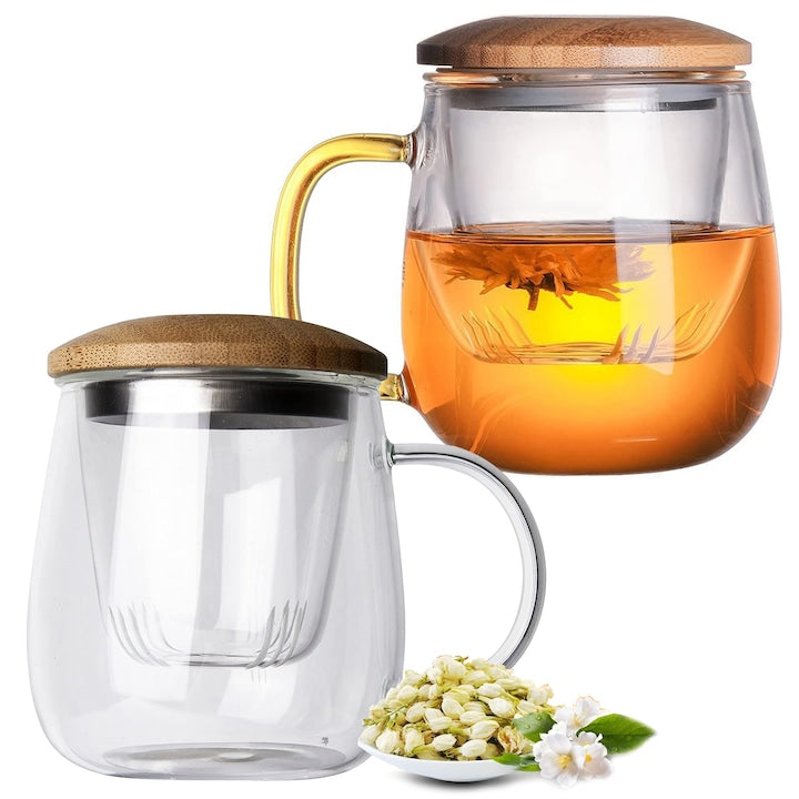 Set 2 Cani cu Infuzor si Capac Bambus  Ceainice cu Infuzor din Sticla si Capac  Sticla borosilicata  Material de Calitate Alimentara  Material de Calitate Comestibila  Pentru Ceai cu Frunze Libere  Transparent (500 ml)