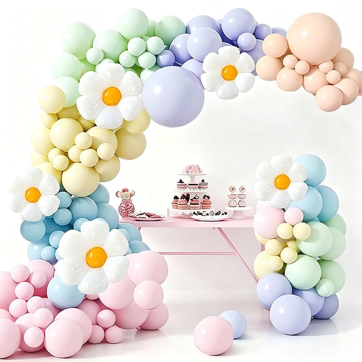 Daisy Macaron Pastel Balloons Arch Set - 133 Pieces - 5 Daisy Foil Balloons + Arch Chain - Suitable for Anniversaries, Baptisms, Weddings