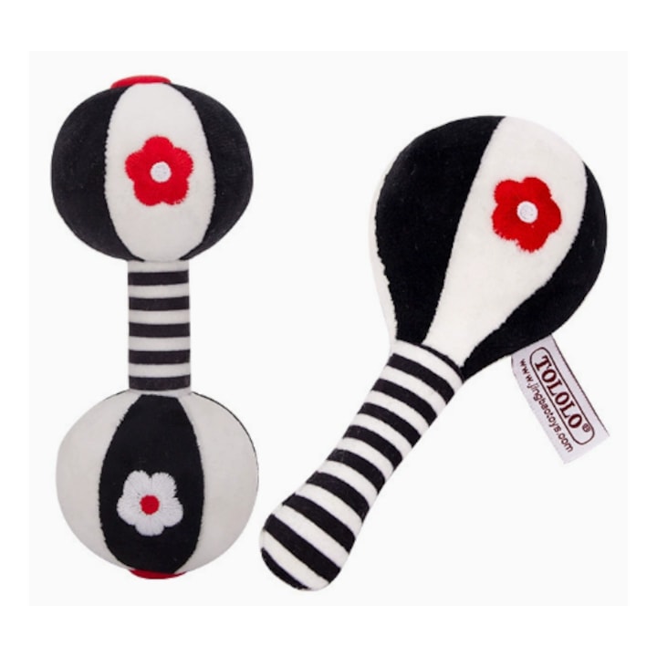 Sensory and Rattle Toy Set, Dumbbell Scratch Toy for Babies, for Baby Boys and Girls, High Contrast Black and White Sensory Rattle, Textile, 2 Pieces, 0-12 Months, Black and White