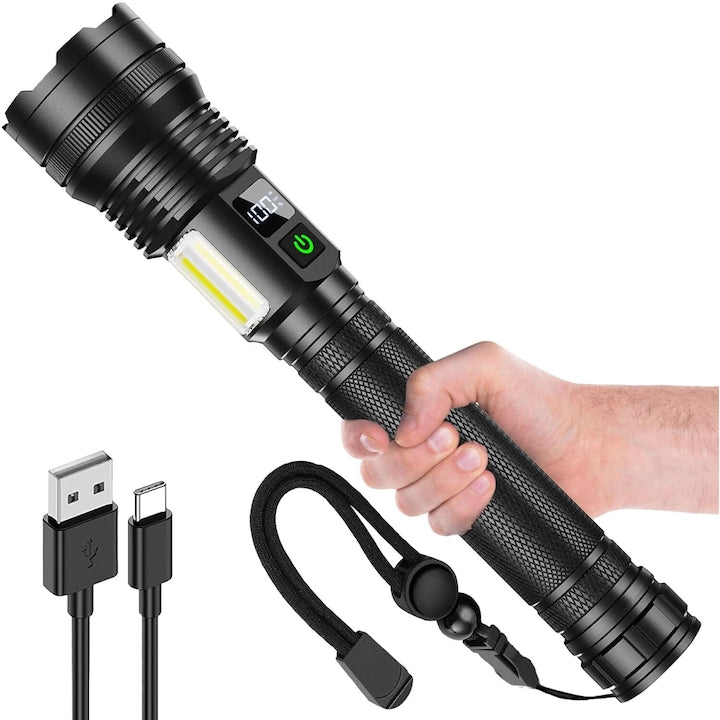 Lanterna puternica 90000 lumeni  10 moduri de iluminare  design cu maner lung  impermeabil IP67  acumulator 10000mAh