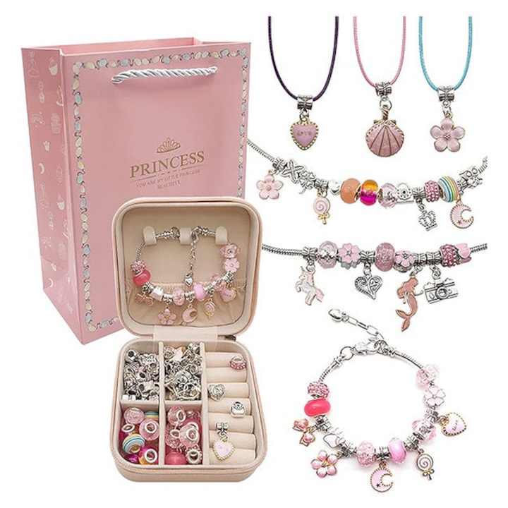 Set de bratari pentru fetite  66PCs  cutie de bijuterii  margele colorate  pentru activitati de artizanat  varsta 6-12 ani  roz