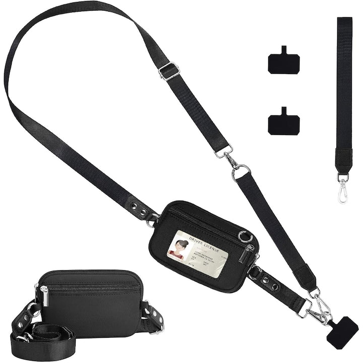 Chinga Clip and Go pentru telefon  cu portofel crossbody  pouch detasabil cu fermoar pentru telefon  fereastra RFID pentru ID si sloturi pentru carduri  Negru