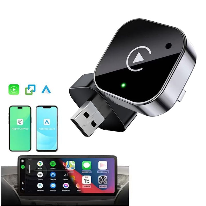 Adaptor wireless CarPlay si Android Auto  plug and play  conexiune automata Bluetooth si WiFi  reconectare automata  fara intarziere  design compact  compatibil cu USB/Tip C  multifunctional  negru