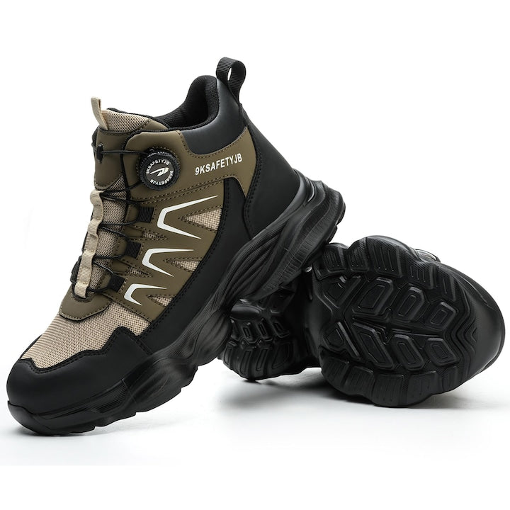Axroad Mall Work Shoes with Protection, Safety Footwear, Size 42, Laceless, Smart Closure System, Metal Toe, Rubber Air Cushion Sole, Antistatic, Breathable and Comfortable, Brown/Black