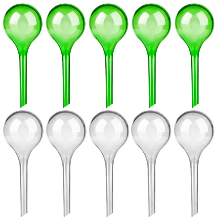 Set of 10 Plant Irrigation Pieces for Indoor Outdoor, Plastic, Green/Transparent