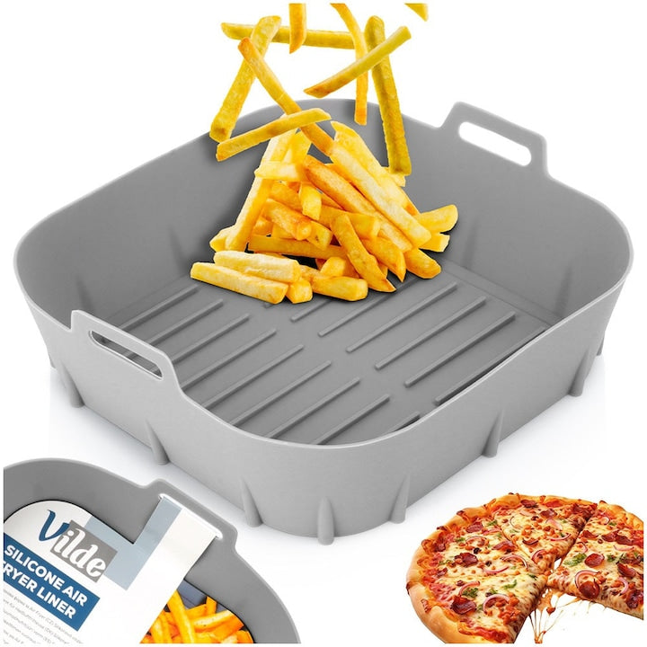 Air Fryer Insert Vilde, 22x22x7 cm, Square Shape with Handles, Made of Durable Silicone, Non-Stick, Food-Grade, Protects Fryer Interior from Dirt, High Temperature Resistant, Grey