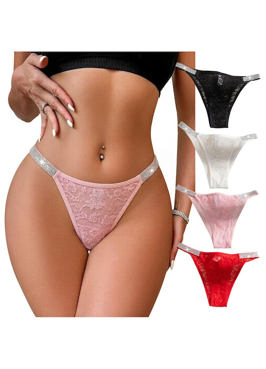 GZUO - Set de 4 chiloti de dama  tanga cu argintiu  intregi din dantela  model floral  confortabili si aerisiti  tanga braziliana sexy  Multicolor
