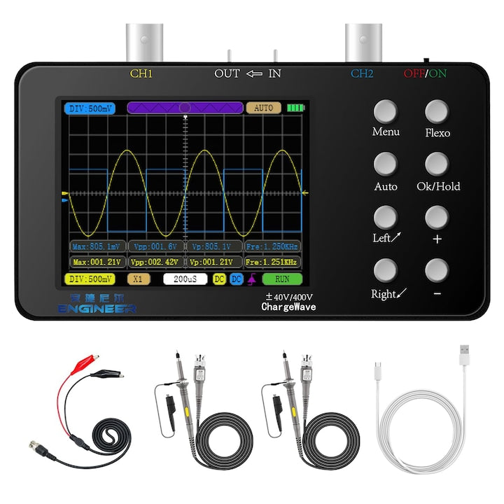 Engineer Portable Oscilloscope, 2 Channels, 50MS/s, 10MHz, 3.2-inch LCD display, 2500mAh battery