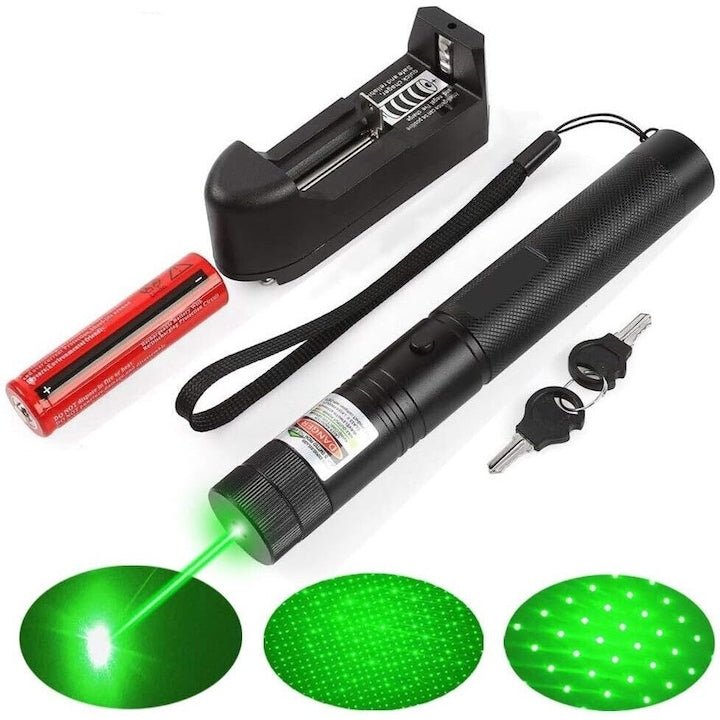 Laser pointer verde ultra puternic  10000 mW  raza 16 km  cu acumulator Li-Ion 8800 mAh  siguranta cu cheie