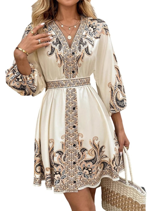Rochie dama  stil boem  maneci tip felinar  decolteu in V  alba  material moale  S INTL