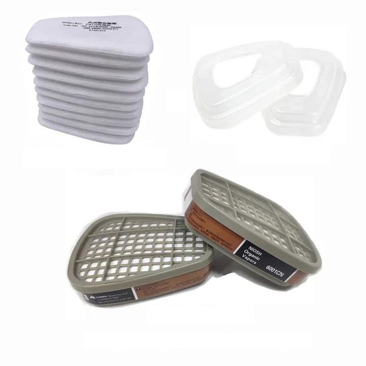 Set Filtre 3M  2 Filtre A1 6001 cu Particule Anti-gaz  Vapori de Vopsea si Noxe  10 Filtre de Bumbac  2 Capace Plastic  Pentru Masca 3M 6200  Pentru Protectie Respiratorie