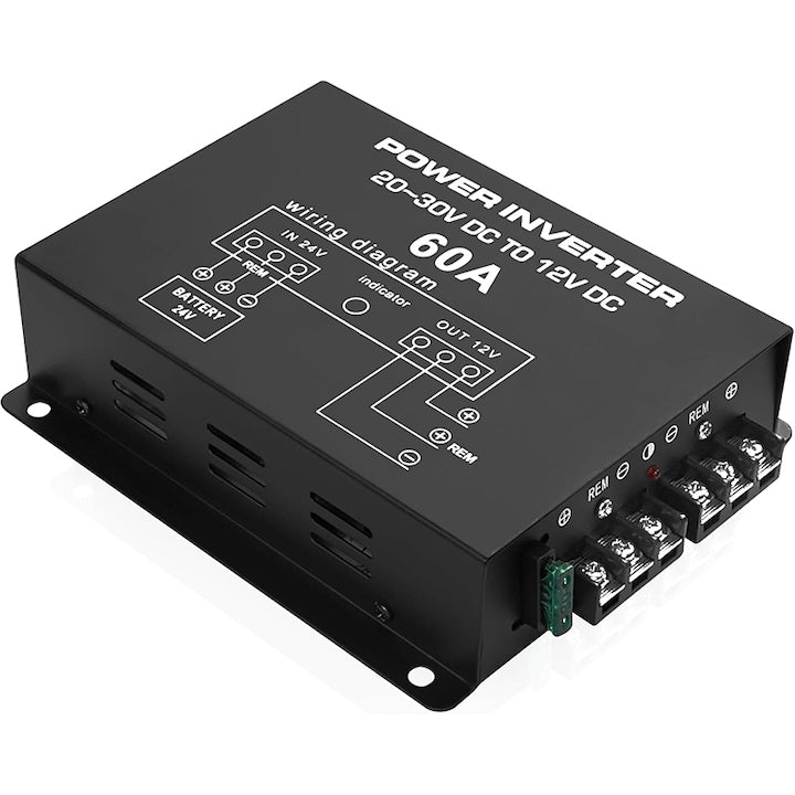 Convertor 24V in 12V 60A cu 2 Ventilatoare  Rqiurpn  Protectie Incorporata  Eficienta Ridicata  Carcasa din Fier  Instalare Usoara  Pentru Camioane  Auto  Tir  Utilaje  Protecties Suprasarcina  Rezistent la Apa si Socuri  Tensiune Stabila