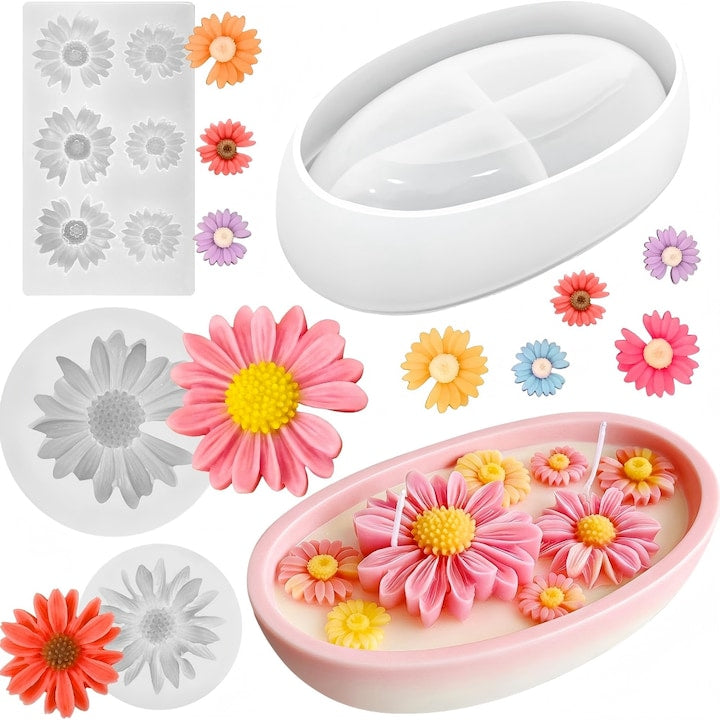 Set 4 Matrite de Silicon Lumanari si Sapunuri - Flori de Gerbera/Crizantema Diferite Dimensiuni + Suport Oval  Usor de Demolat  Netoxice  Rezistente