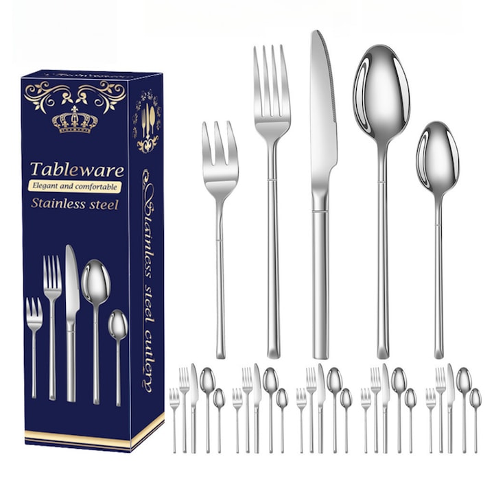 Set tacamuri  30 piese  include 6 cutite  6 linguri  6 furculite  6 lingurite si 6 Furculita de ceai  pentru 6 persoane  inox  lucios  rezistent  Design ergonomic  Rezistent la coroziune  Potrivit pentru mesele in familie  usor de curatat si depozitat