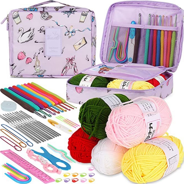 Set 58 Crosetat  Axroad Mall  Design ergonomic  Cu foarfece  rigla  geanta depozitare  Usoare si durabile  Usor de transportat  Pentru incepatori cat si avansati  Aluminiu/Silicon  24*21*8cm  Multicolor