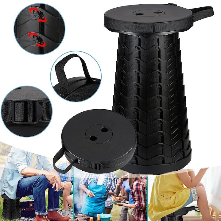 Portable Telescopic Stool, Foldable Camping Stool with Adjustable Height for Garden, Fishing, Hiking, Travel, BBQ, Adjustable Folding Chairs, Max Load 180 kg, Black, 44.5 x 25 cm