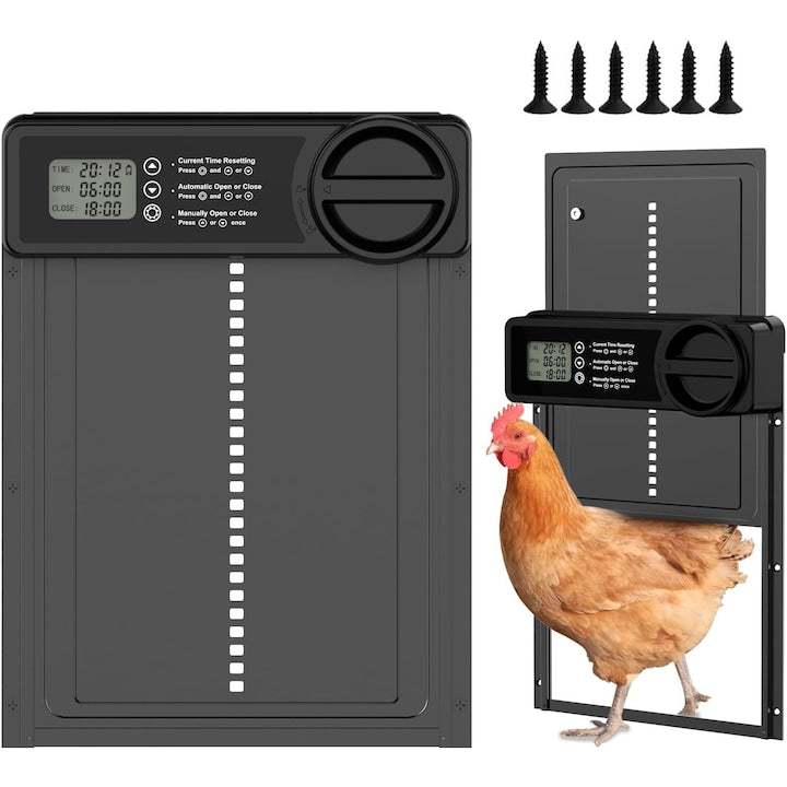 Automatic Chicken Coop Door, Battery-Powered Electric Chicken Coop Door with Smart Timer, Anti-Pinch Sensor, LCD Display and Waterproof, for Chickens, Ducks, Geese