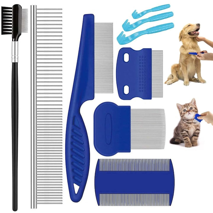 Set perie de ingrijire a animalelor de companie  Axroad Mall  Nu ruginesc si nu se decoloreaza  Design ergonomic  Pentru indepartarea matretii tangles knots  shedding hair si paduchii  puricii  mizeria  mucusul  Inox/ABS/PP  Albastru/argintiu/negru