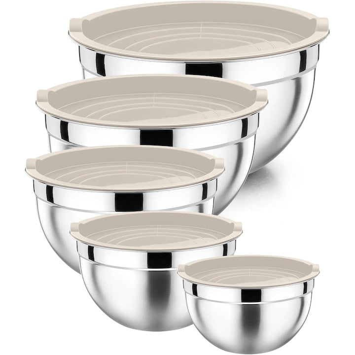 Set of 5 Wacorresi Stainless Steel Bowls with Silicone Bottom, Airtight Lid, Silver
