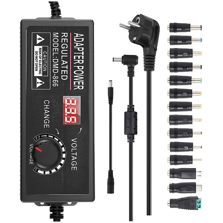 Sursa de alimentare universala reglabila  3–36 V  4 A  144 W  cu afisaj digital al tensiunii si 14 conectori; convertor CA/CC  100–240 V CA/CC  cu inversor de polaritate si cabluri de testare; negru