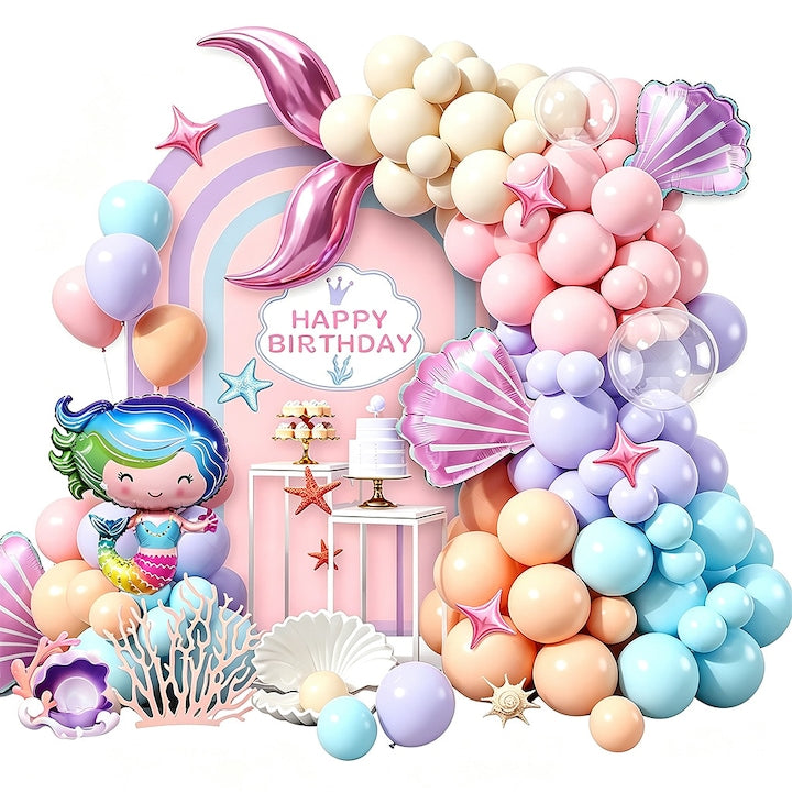 Mermaid Party Balloon Arch Set 106 Pieces Pink Yellow Purple Blue - Mermaid Balloon, Mermaid Tail, Shells, Stars + Multicolor Balloons