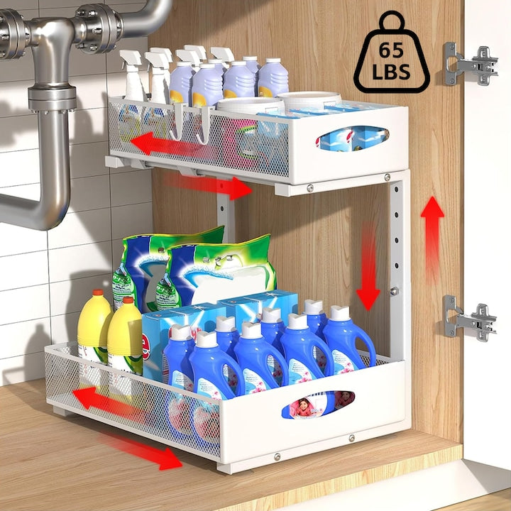 Organizator Multifunctional Pentru Baie pe 2 Niveluri  Tressino  Reglabil pe 5 Inaltimi  2 Nivele Culisante  Pentru Utilizarea Maxima a Spatiului  Sistem Glisare  Depozitare Pentru Bucatarie  Sub Chiuveta  Baie  Sufragerie  40x21x44cm - Metal Alb