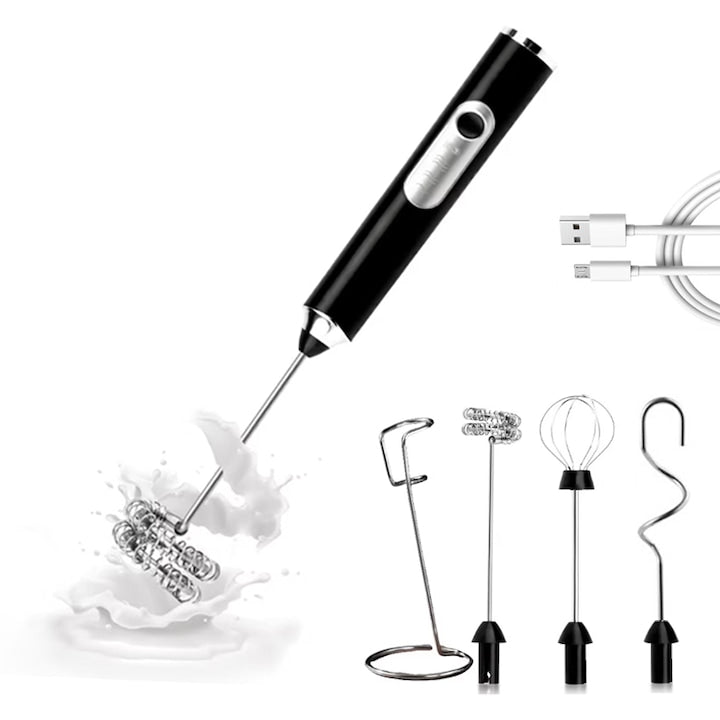 Set spumator electric pentru lapte  ZOUN  reglabil in trei viteze  cu suport si trei capete interschimbabile  reincarcabil prin USB  potrivit pentru bucatarie si cafea  negru