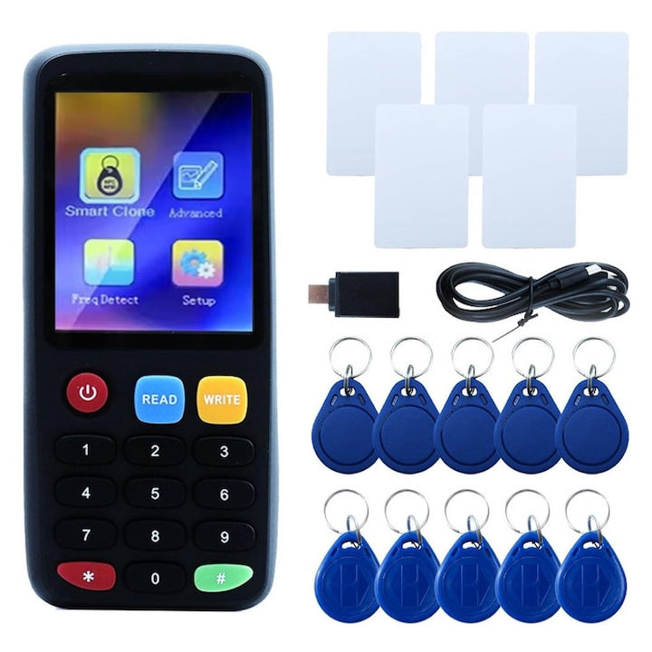 Set copiator si cititor RFID  WALALLA  cu 5 carduri  5 T5577  5 carduri UID/IC programabile (11 frecvente programabile)  ecran LCD  decriptare eficienta  editare  analiza  negru