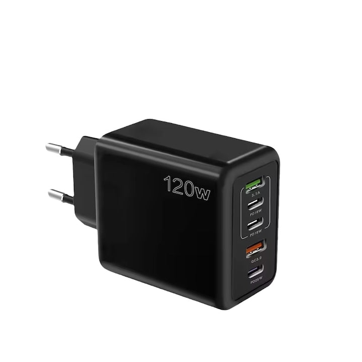 Incarcator Telefon 5 Porturi  120W  3 x Type-C  2 x USB  Compatibil Laptop  iPhone  Huawei  Samsung  Negru
