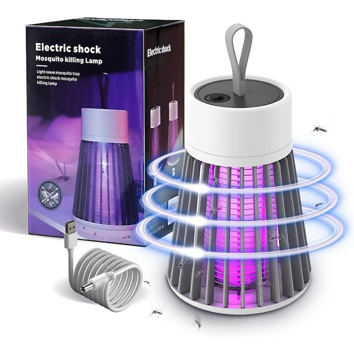 Lampa UV Anti Insecte Pest Killer  Functie Anti Tantari  Muste  Musculite  Baterie  USB electric  Silentioasa  Radiatie 360°  Interior sau Exterior  100m2  Gri
