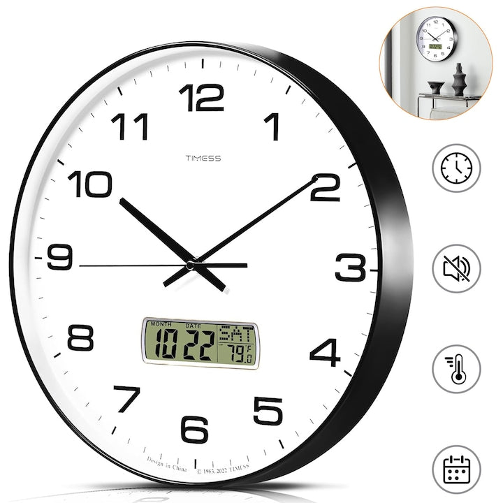 14-Inch Black Wall Clock with Date, Day, Temperature, Day of the Week, Silent Analog, Battery Operated, LCD Digital Wall Clock, Ideal Decor for Modern Home, Bedroom, Office