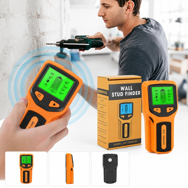 Detector de cabluri 5-in-1  ZOUN  Scanner de perete  Detector de metale pentru perete  Senzor inteligent  Afisaj LED  Portabil  5 moduri  Calibrare automata  Portocaliu